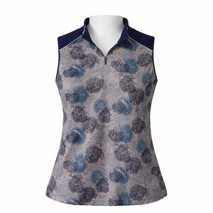 Size L Lady Hagen Women’s Sleeveless Golf Polo Floral Mock Neck Blue Gray Top